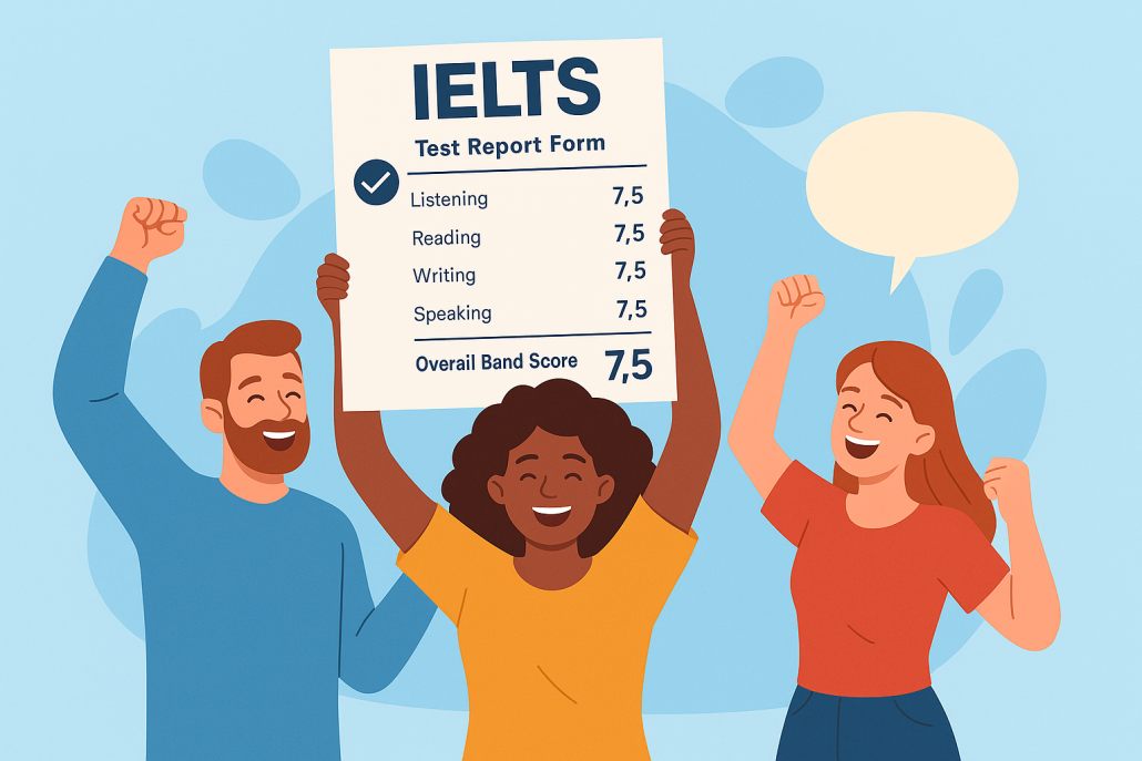 دانشجویان خوشحال پس از دریافت نمره 7.5 آزمون آیلتس – موفقیت در کلاس‌های آیلتس فیلموزبان