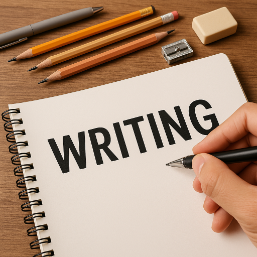 تصویر دفترچه یادداشت با کلمه WRITING و دست فردی که در حال نوشتن است؛ مناسب موضوع رایتینگ تسک 2 آیلتس