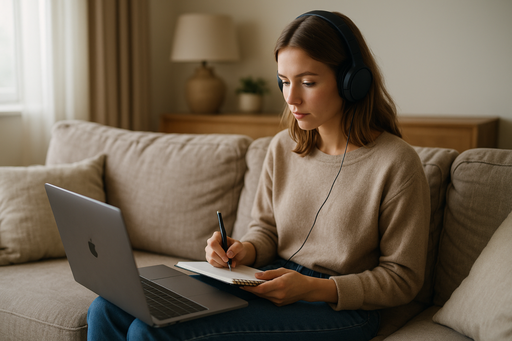 زبان‌آموز در حال تقویت لیسنینگ و مکالمه زبان انگلیسی با فیلم و یادداشت‌برداری در خانه
