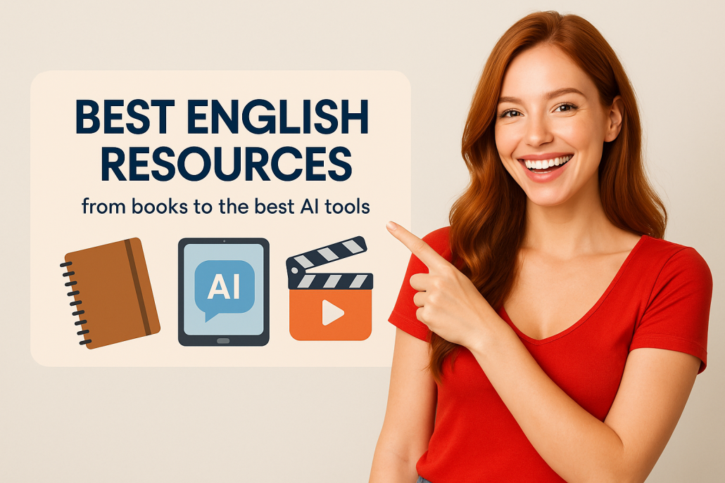 "کاور مقاله بهترین منابع آموزش زبان انگلیسی 2025 با نماد کتاب و ابزار هوش مصنوعی"