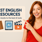 "کاور مقاله بهترین منابع آموزش زبان انگلیسی 2025 با نماد کتاب و ابزار هوش مصنوعی"