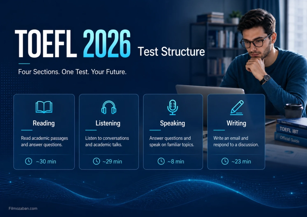 ساختار آزمون تافل 2026 شامل چهار بخش Reading Listening Speaking و Writing